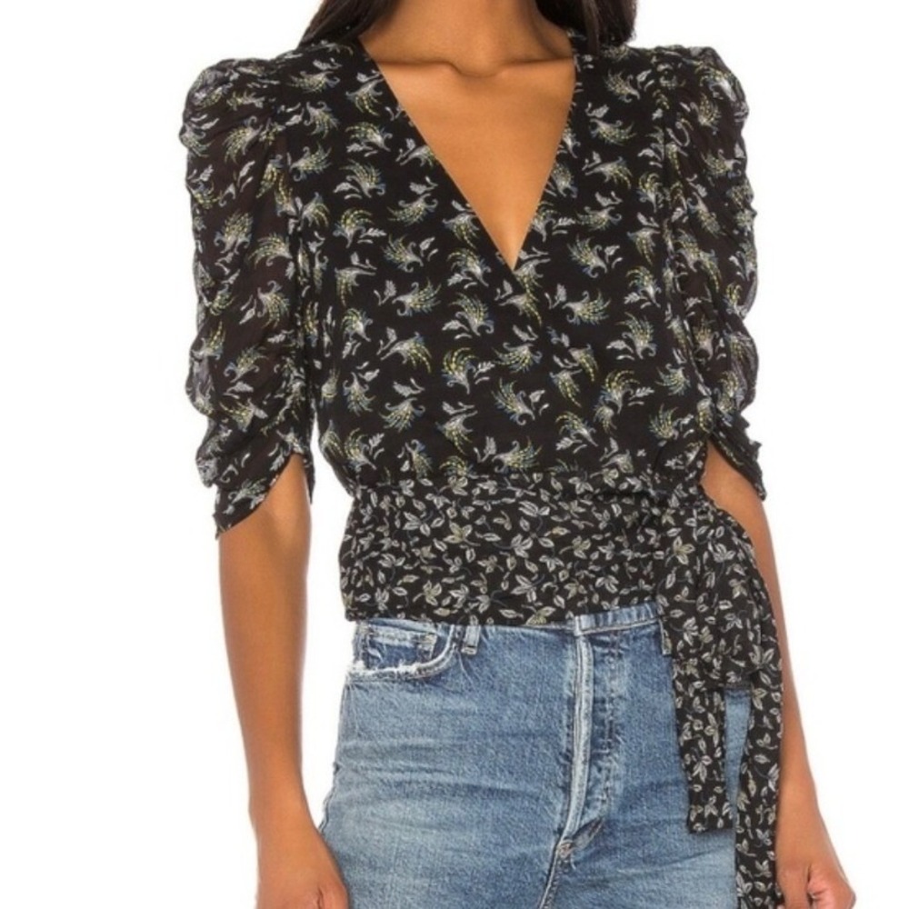 Bailey 44 Black Floral Paisley Wrap Top Ruched Puff Sleeve V-Neck Tie Waist M